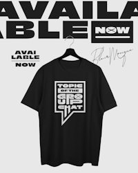 a black t - shirt with the words available now